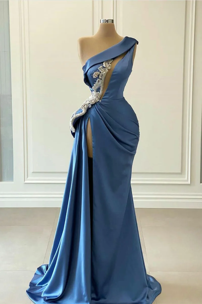 Elegant blå sjöjungfrubalklänning med en axel och pärlor för speciella tillfällen