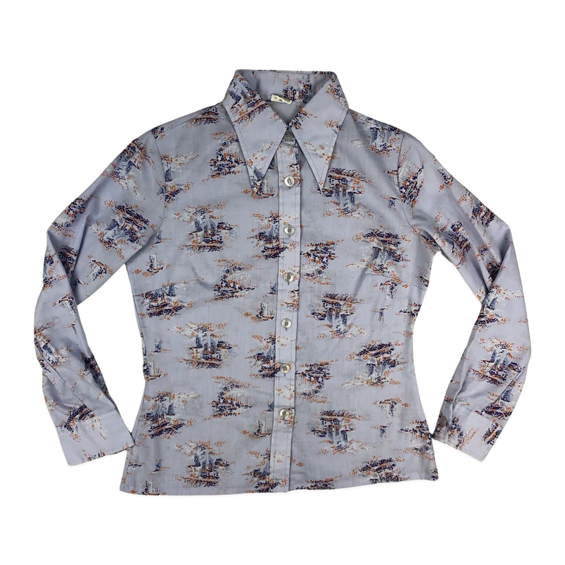 Vintage 70s Lilac Abstract Pattern Blouse 14