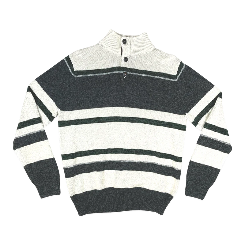 Vintage Chaps White, Navy, and Green Striped Knit 1/4 Button Turtleneck Jumper M