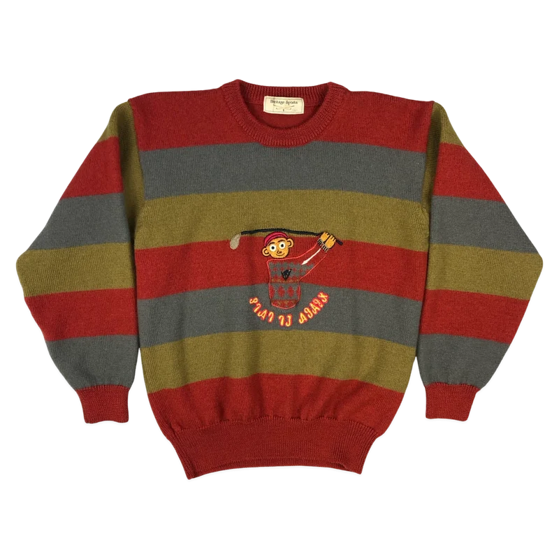 Vintage 80s Striped Orange, Green, and Grey Knit Jumper M