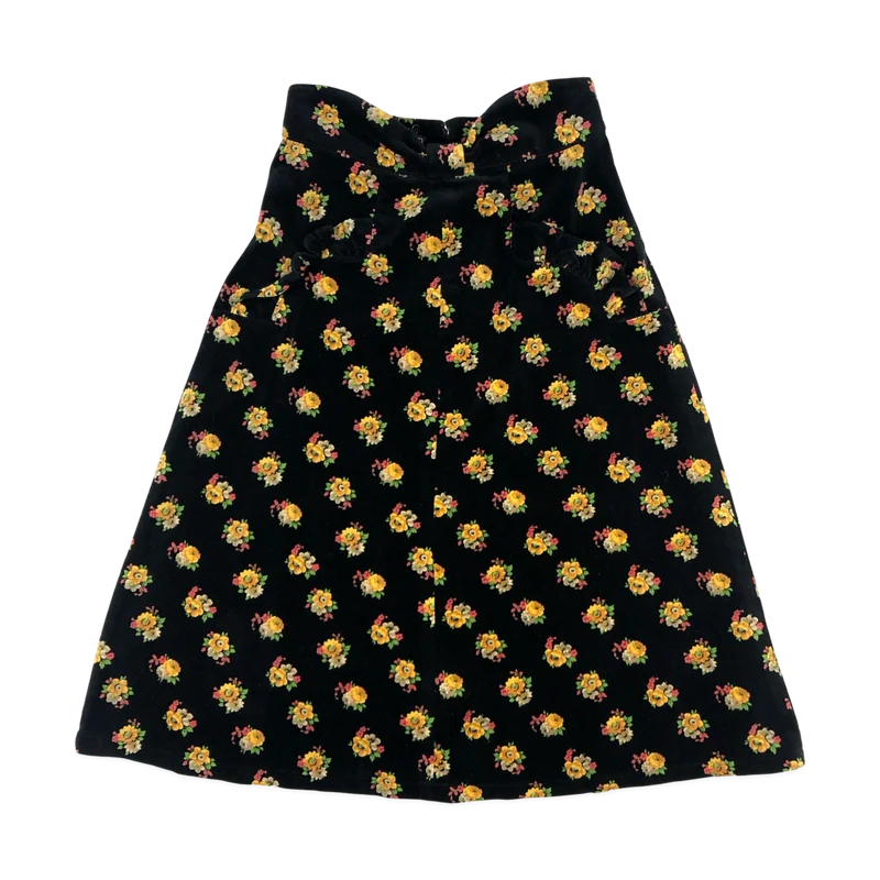 Vintage Black and Yellow Floral Velvet Velour Skirt 6