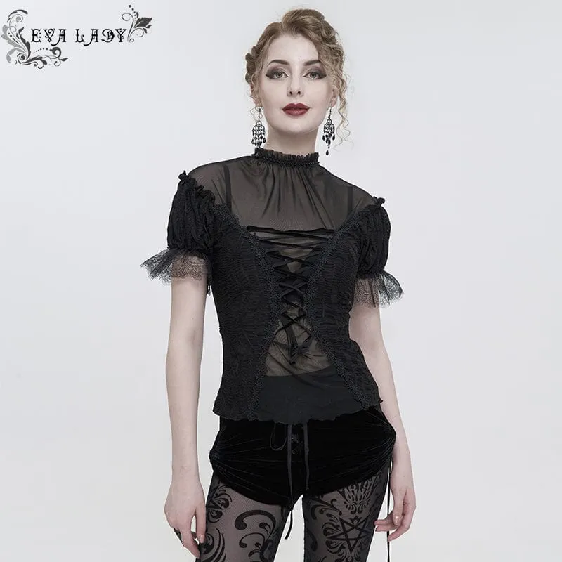 Gothic Strappy Mesh Splice Pärlskjorta för kvinnor