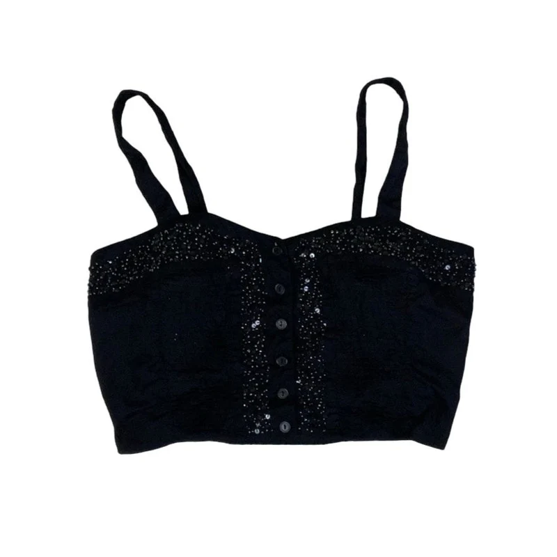 Vintage 90s Y2K ‘Best Connections’ Black Beaded Sequin Crop Tank Top 6 XS
