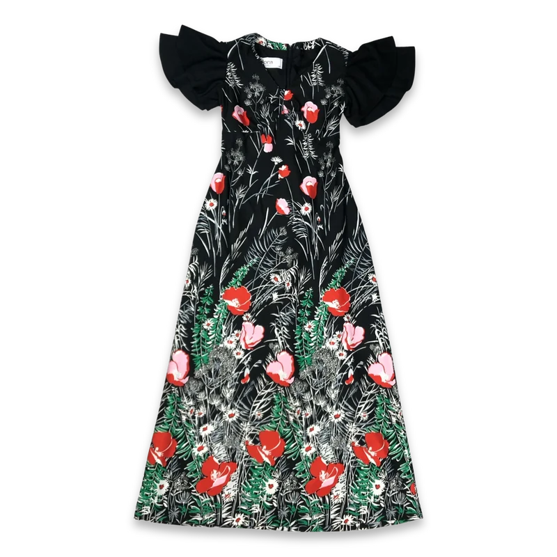 Vintage 70s Floral Daisy and Poppy Print Black Maxi Dress 10