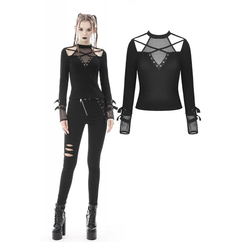 Punk Cutout Mesh Splice Buckle T-shirt för kvinnor