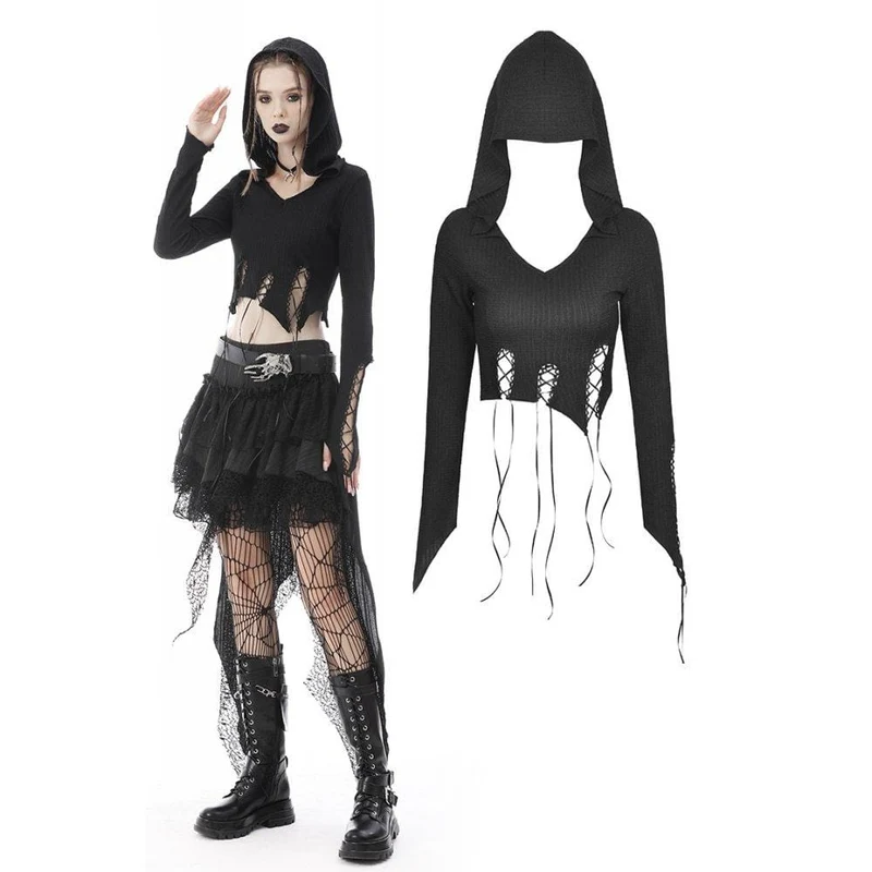 Punk Irregular Strappy Crop Top med huva för kvinnor