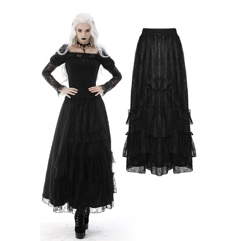 Gothic volangerad spets lång kjol i lager för kvinnor