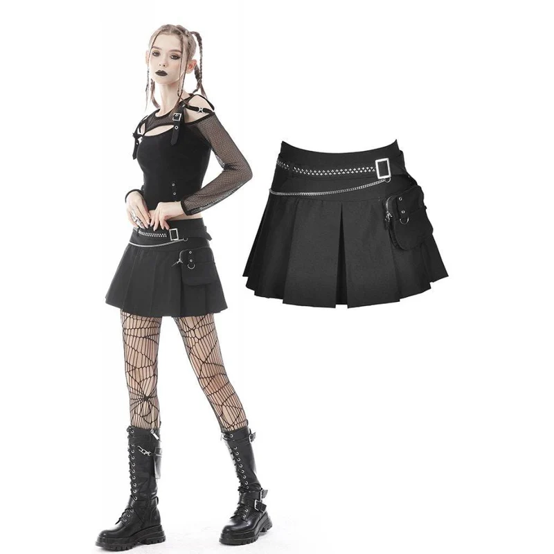 Plisserad kjol med stor ficka i punk för kvinnor med bälte