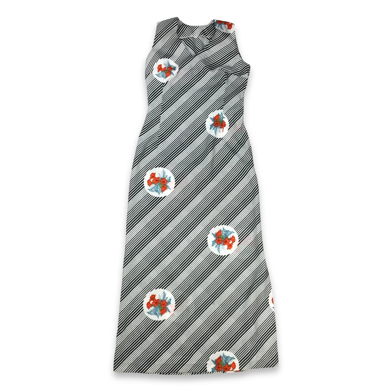 Vintage 70s Maxi Dress Black and White Striped Floral Print 10