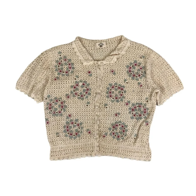 Vintage 90s Y2K ‘Blueberry Farm’ Cream Crochet Floral Top 12 14
