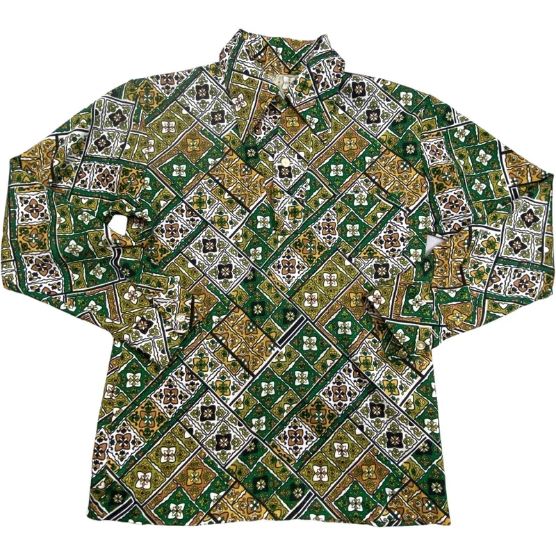 VTG 1970S BIG COLLAR MENS POLY SMOCK SHIRT GEOMETRIC PSYCHEDELIC PRINT 38” (36)