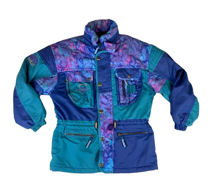 VTG 1990s DESCENTE BLUE PURPLE RETRO PRINTED SKI JACKET SIZE LARGE