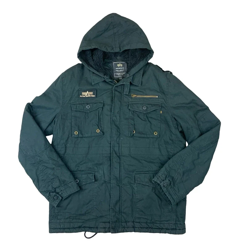 VTG MENS BLACK ALPHA INDUSTRIES FLEECE LINED COTTON PARKA COAT MILITARY XL 46”