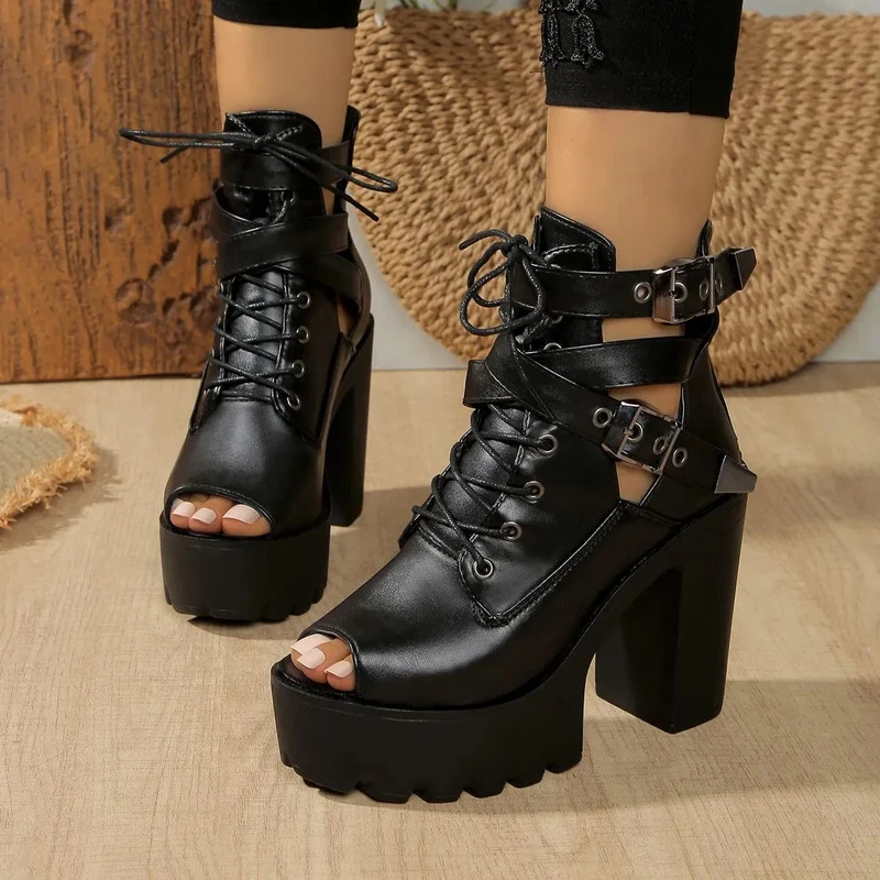 Gothic Punk-snörsspännen för damer med peep-toe-stövlar