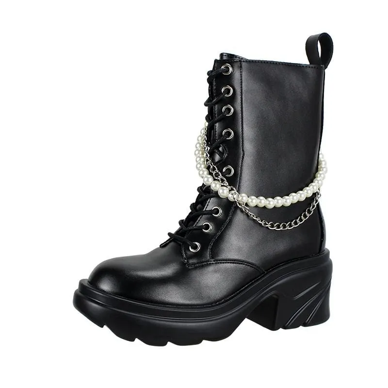 Gothic Punk Wedge Boots för kvinnor med pärlkedja