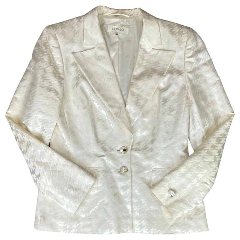 Vintage 80s Ivory Escada Silk Dogtooth Pattern Couture Blazer 12 14 M