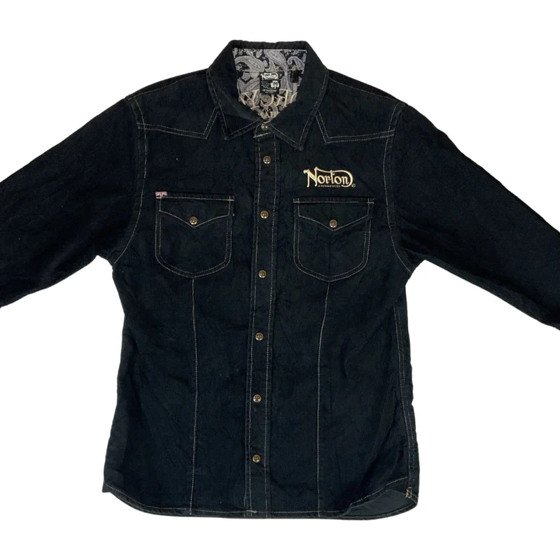 Vintage 90s 00s Black Norton Motorcycles Embroidered Corduroy Shirt S