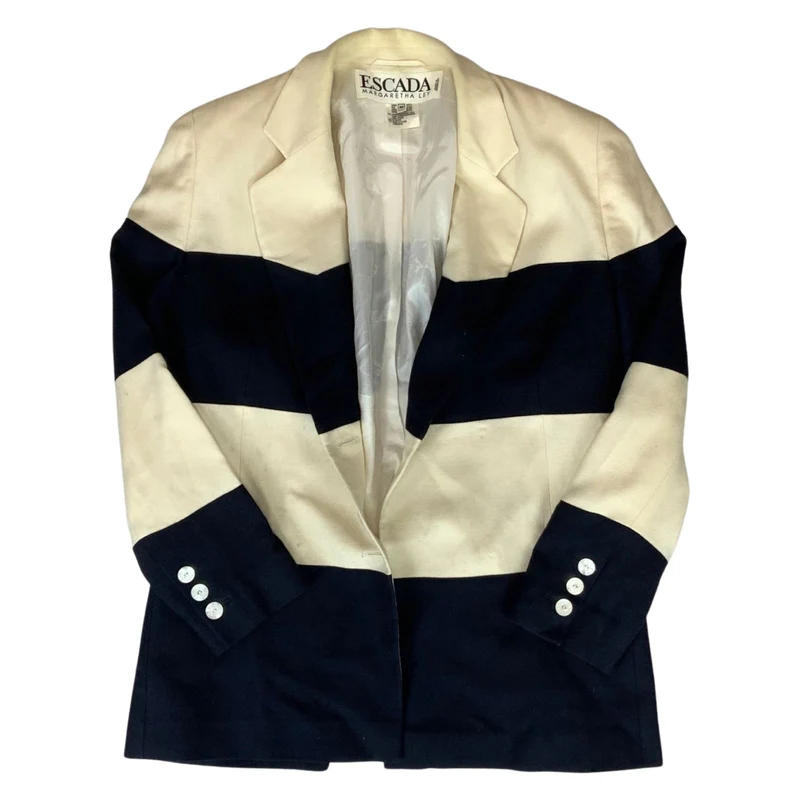 Vintage 80s Cream Black Escada Wool Silk Striped Blazer 12 14 M