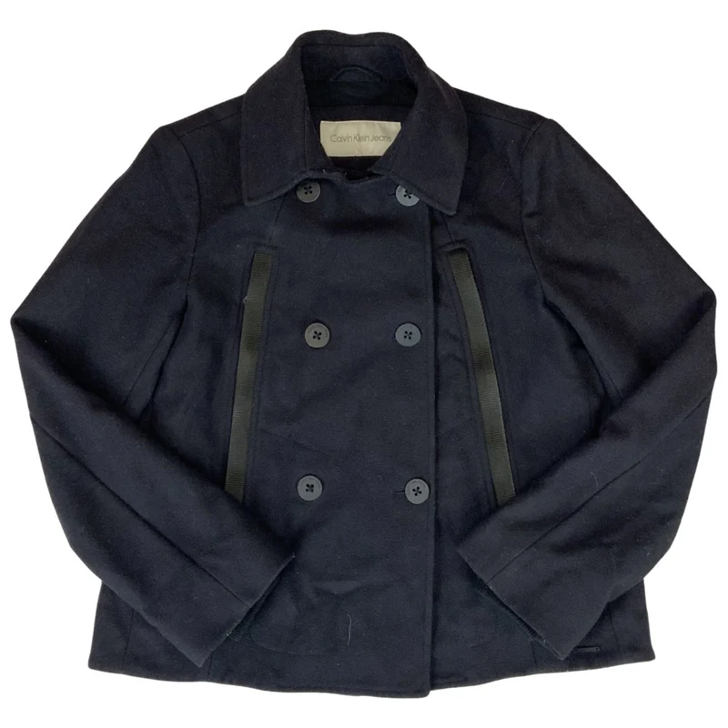 Vintage 00s Navy Blue Calvin Klein Jeans Wool Double Breasted Coat 8 10 S