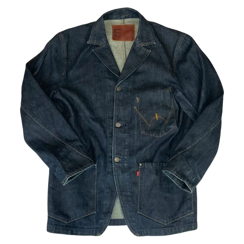 VTG Y2K EDWIN JAPAN INDIGO RAW DENIM CHORE JACKET WORKWEAR BLAZER 39” (36) S