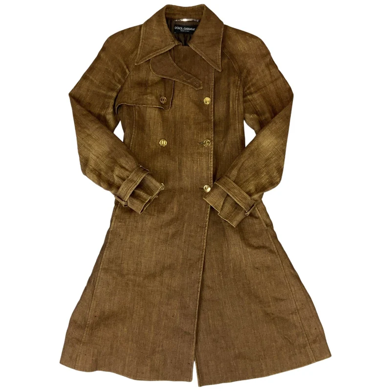 Vintage 90s Womens Brown Gold Dolce & Gabbana Linen Trench Coat 8 10 S
