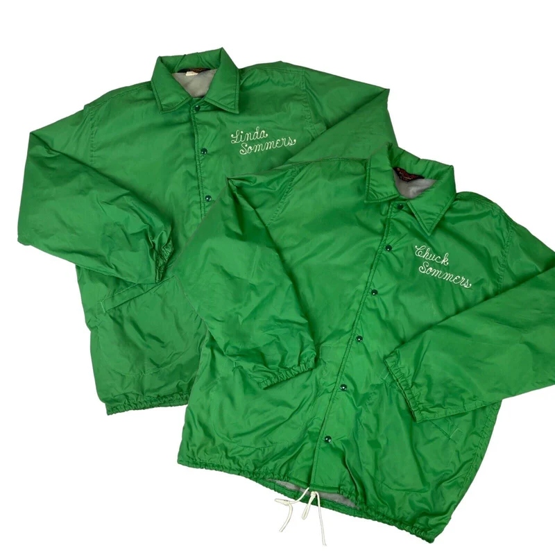PAIR VTG 70s USA CHAIN STITCH PLA-JAC WHISPERING PINES CAMPGROUND JACKETS L & M