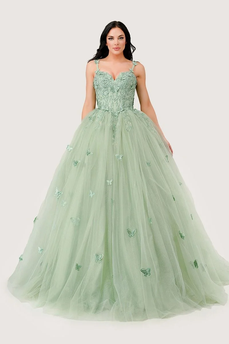 3D Butterfly Applique ärmlös Quinceanera-klänning från Cinderella Divine 15718