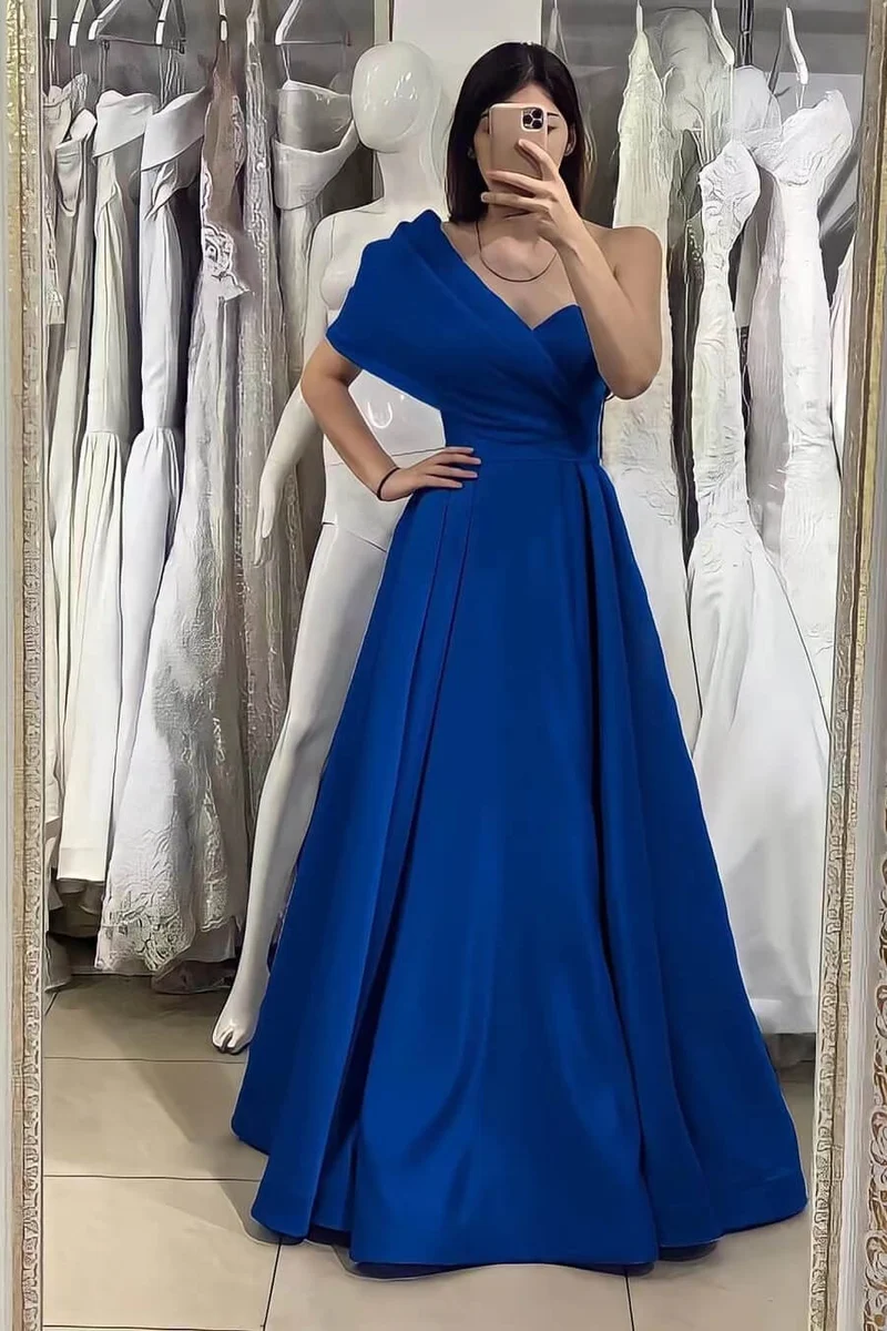 Elegant Kungsblå Enaxlad Hjärtformad Off-Shoulder Aftonklänning