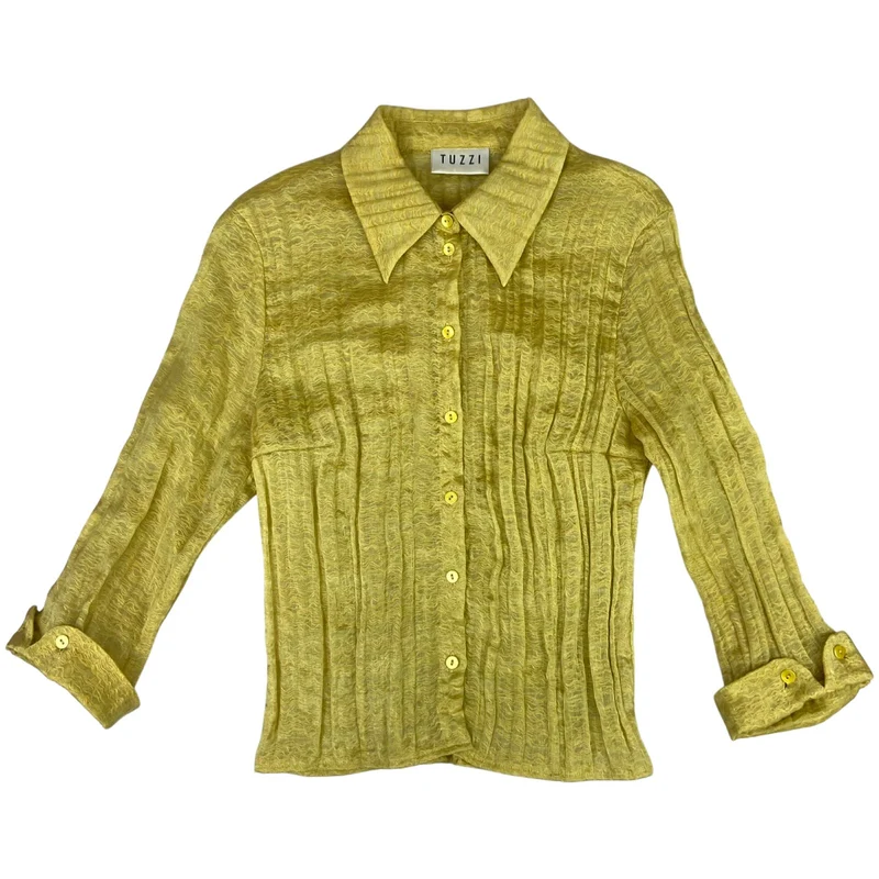 Vintage 90s Yellow Tuzzi Button Up Fitted Blouse Shirt Sheer Collared S 8 10