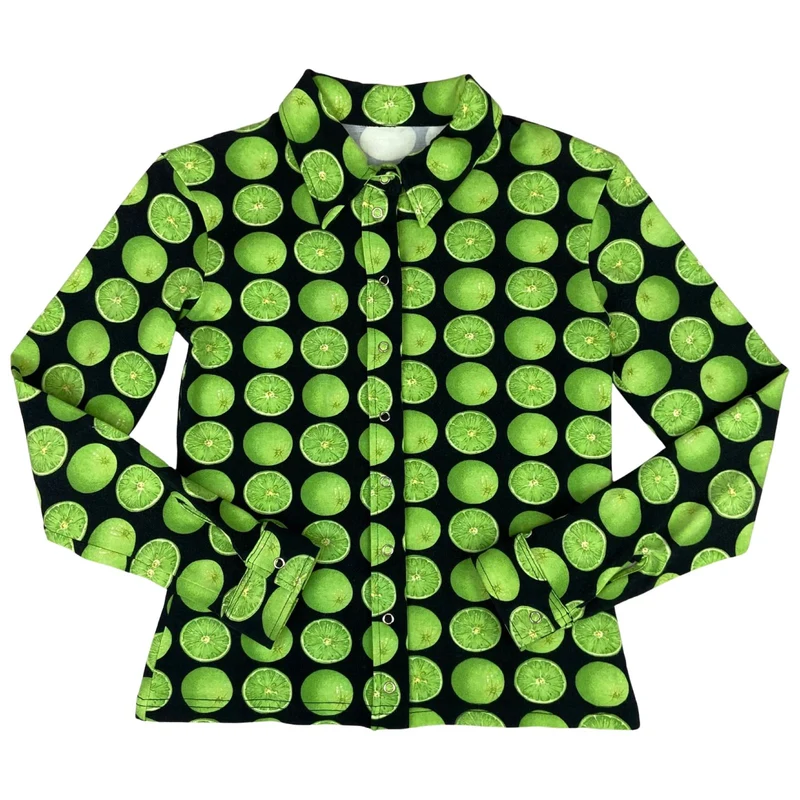 Vintage 90s Green Black Green Graphic Print Lime Snap Button Blouse 8 10 S