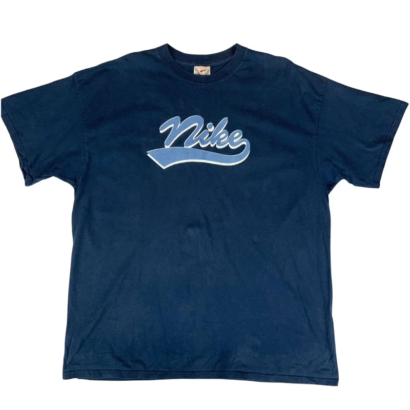 Vintage 00s Y2K Navy Blue Nike Script Spell-Out Graphic T-Shirt XXL