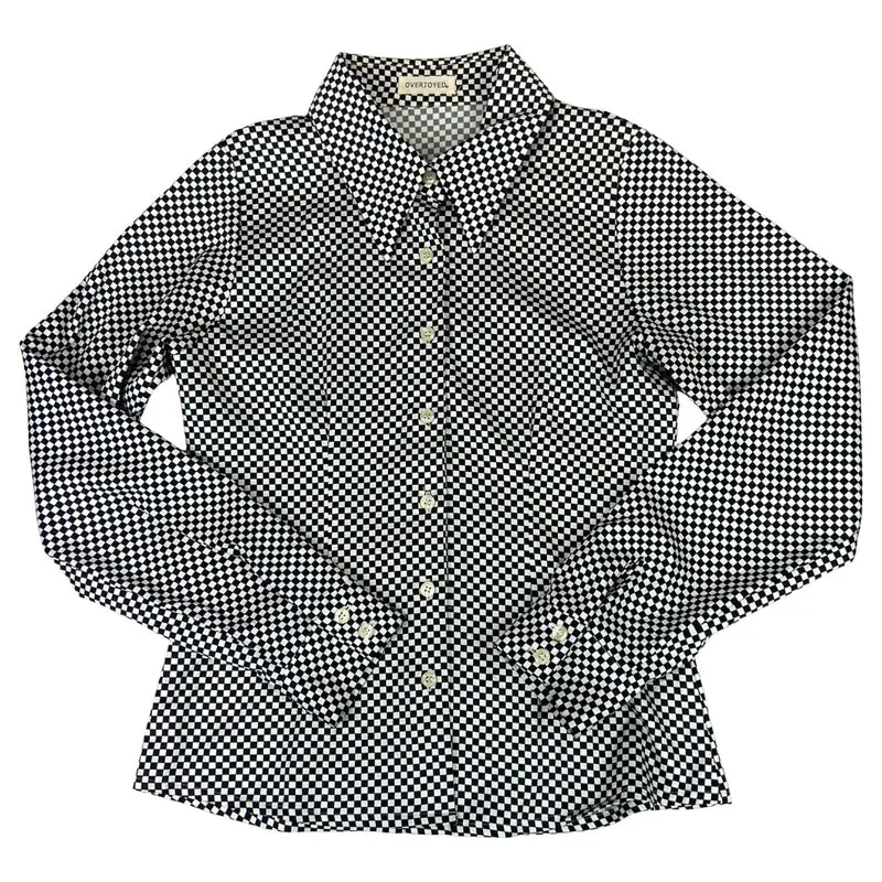 Vintage 90s White Black Overjoyed Chequered Button UP Blouse Shirt Top S 8/10