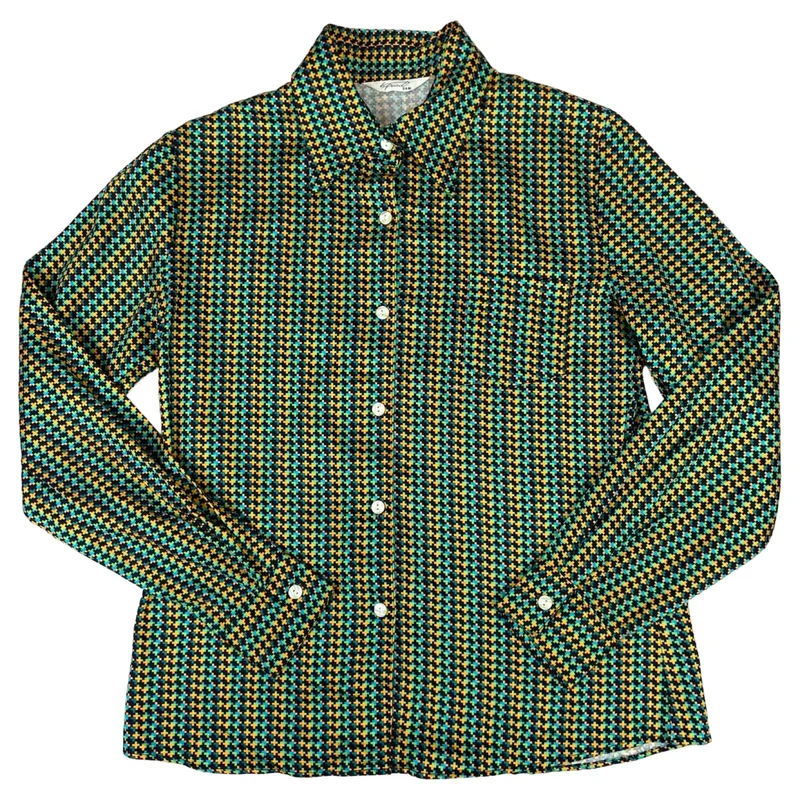 Vintage 90s Green Blue Black Geometric Pattern Fun Blouse 8 10 S