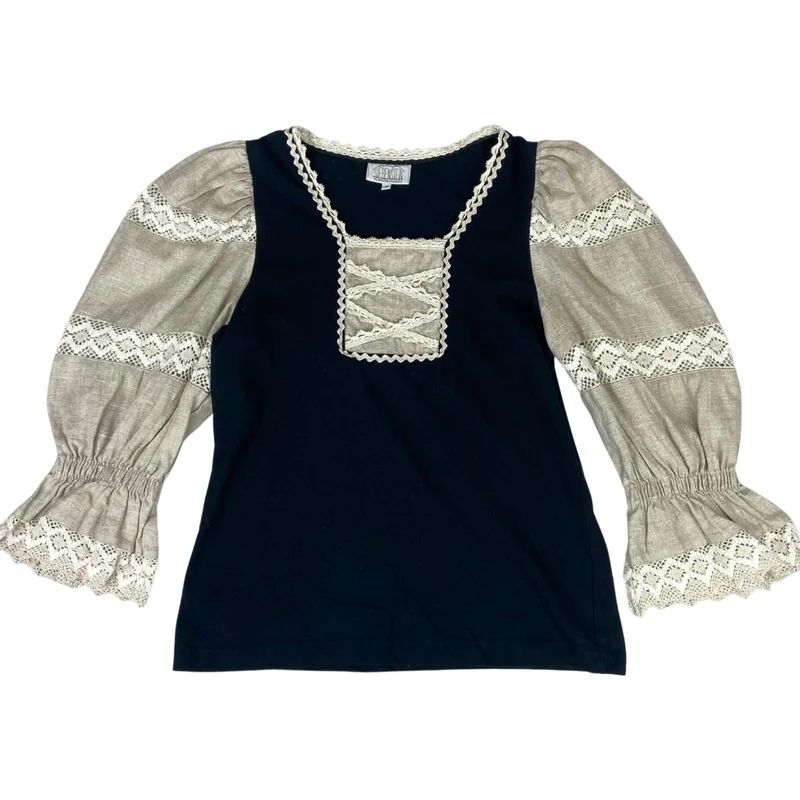 Vintage 90s Black Cream Authentic Tyrolean Tunic Top Cottagecore Crochet S 8 10