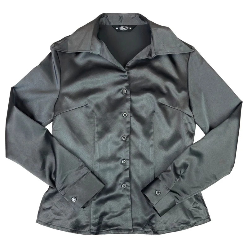 Vintage 90s Grey Satin Style Shiny Party Button Down Blouse 8 10 S