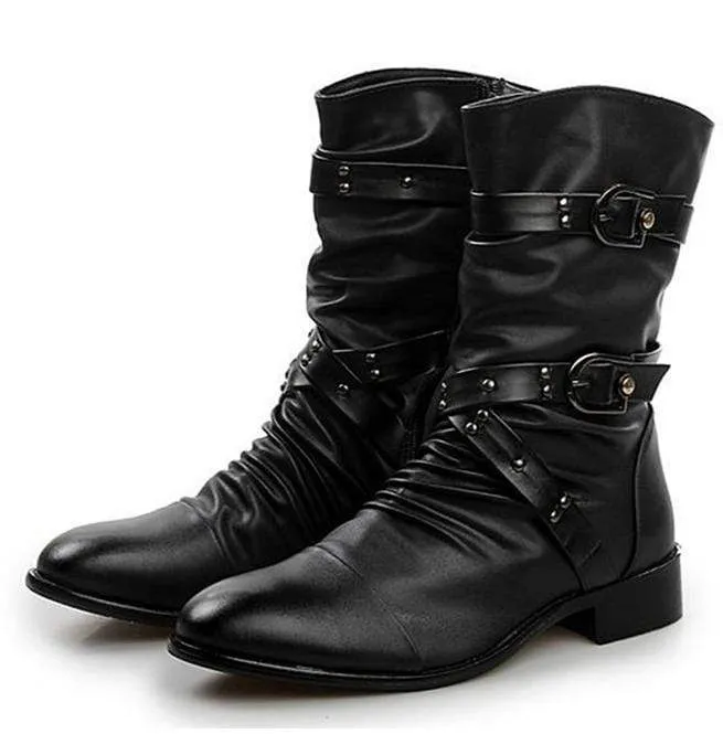 Spänne för män Ruched Faux Leather Biker Ankel Boots med spetsiga tå boots