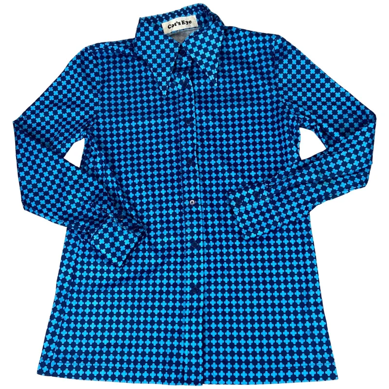 Vintage 90s Blue Dagger Collar Patterned Geometric Blouse 8 10 S