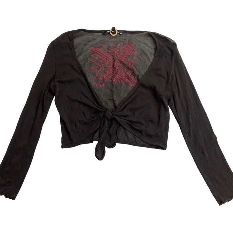 Vintage Y2K Brown Tie Front Mesh Sheer Butterfly Long Sleeve Top S M
