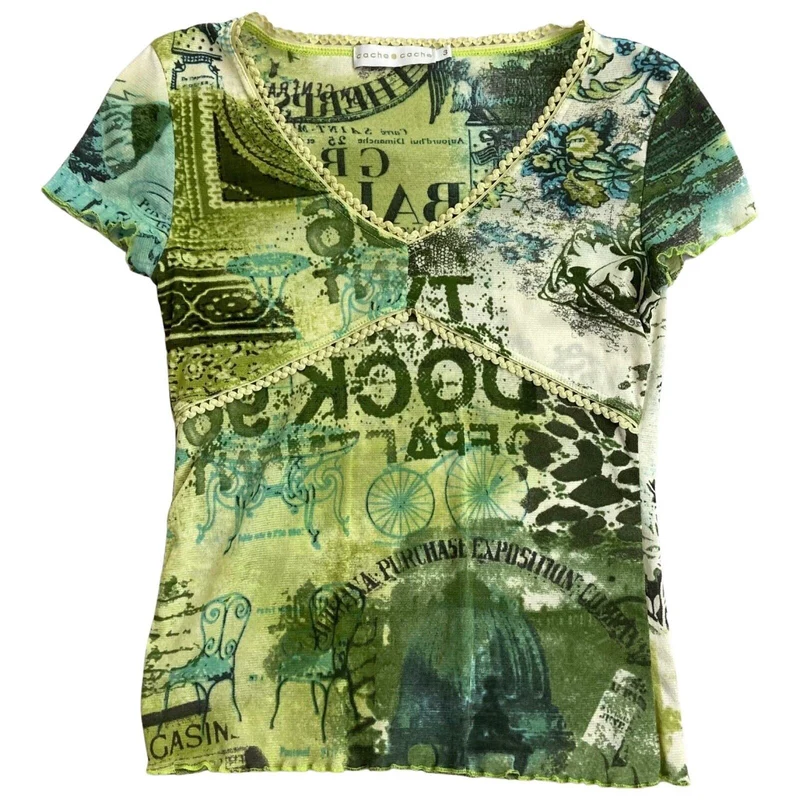 Vintage Y2K Green Sheer Mesh Graphic Print Top 6 8 XS S