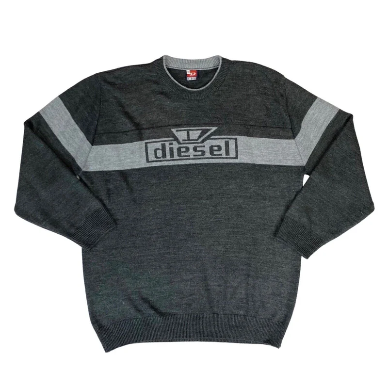 Vintage 90s Grey Diesel Logo Spell-Out Graphic Knit Sweater Jumper XL