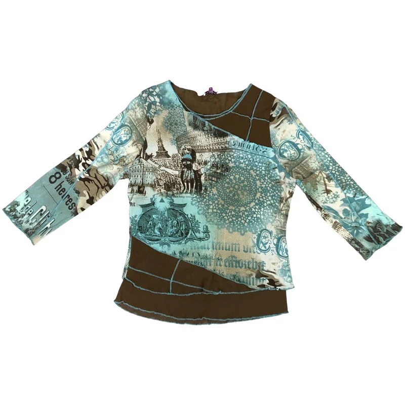 Vintage Y2K Blue Brown Graphic Print Mesh Contrast Stitch Top 10 12 S M