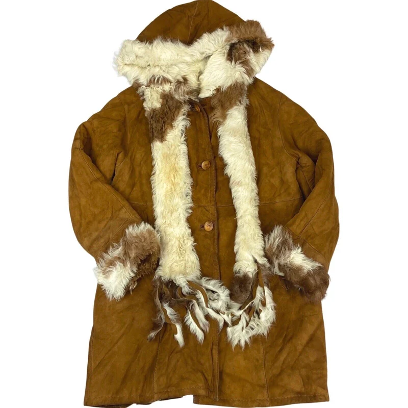 VTG 90s Sarete Italy Brown Sheepskin Suede Shearling Button Up Fully Lined Jacket M 14