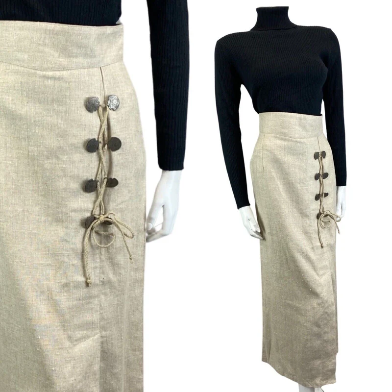 Vintage 90s Cream Landhaus Linen Lace Up Long Line Straight Maxi Skirt S 8/10