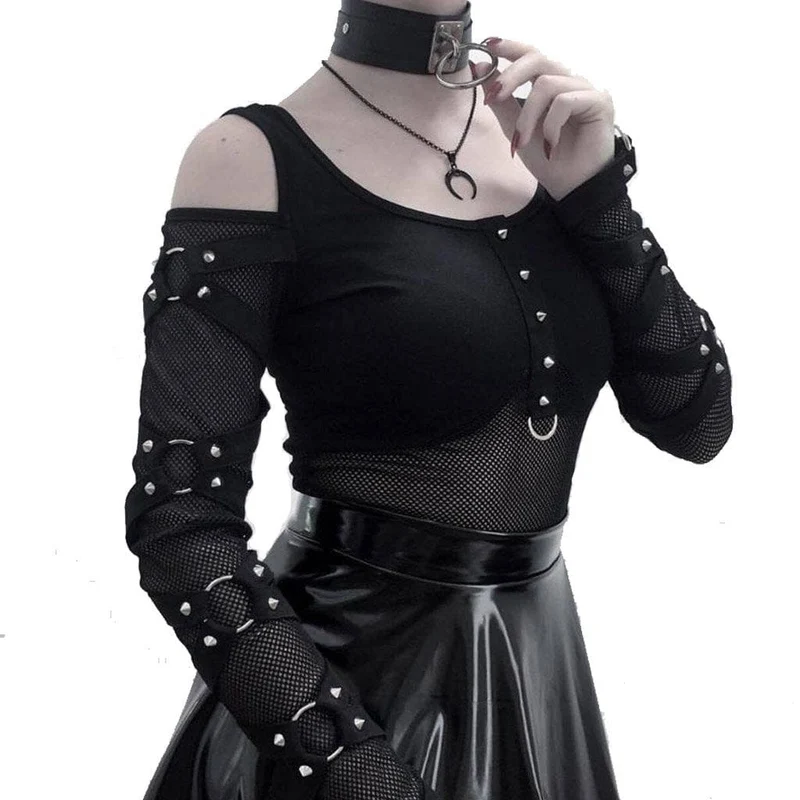 Strappy Steampunk Mesh-topp för damer med kall axel