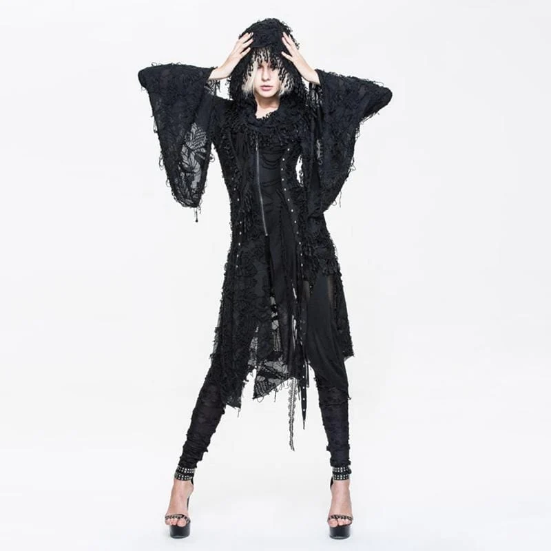 Kvinnors spets och trimning Goth Style Mid Längd Huvklänning