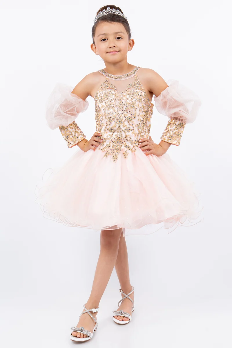 Spets Glitter Puff Sleeve Girl Party Dress från Cinderella Couture USA AS5113