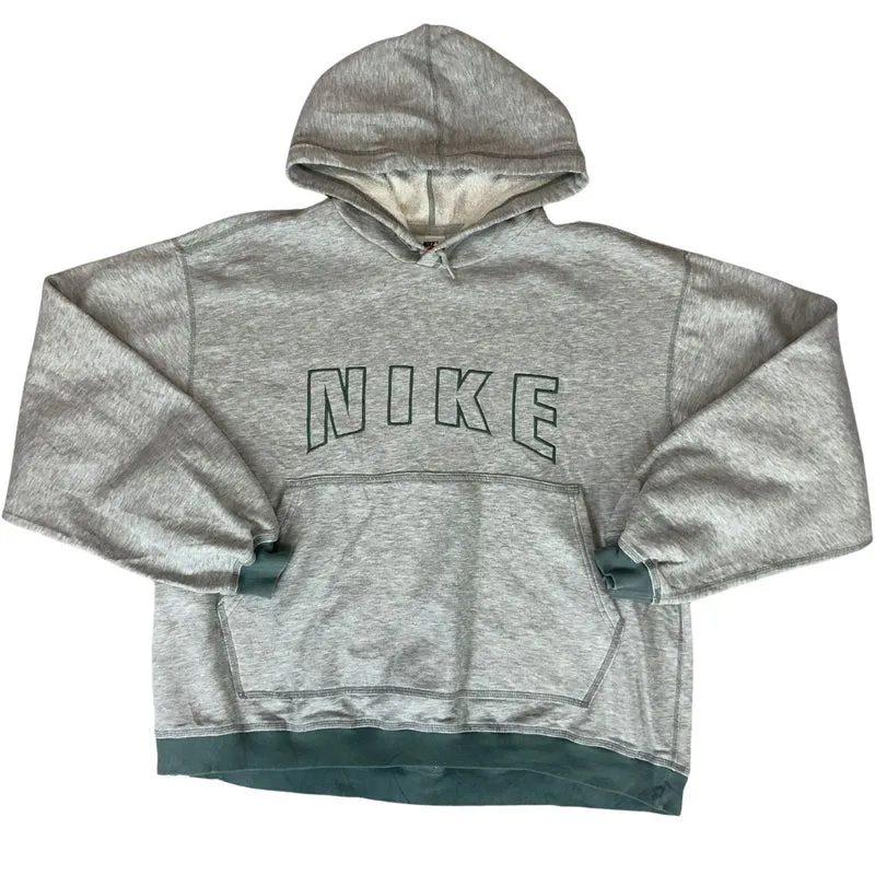 Vintage 90s Heather Grey Green Nike Spellout Embroidered Swoosh Hoodie Jumper XL