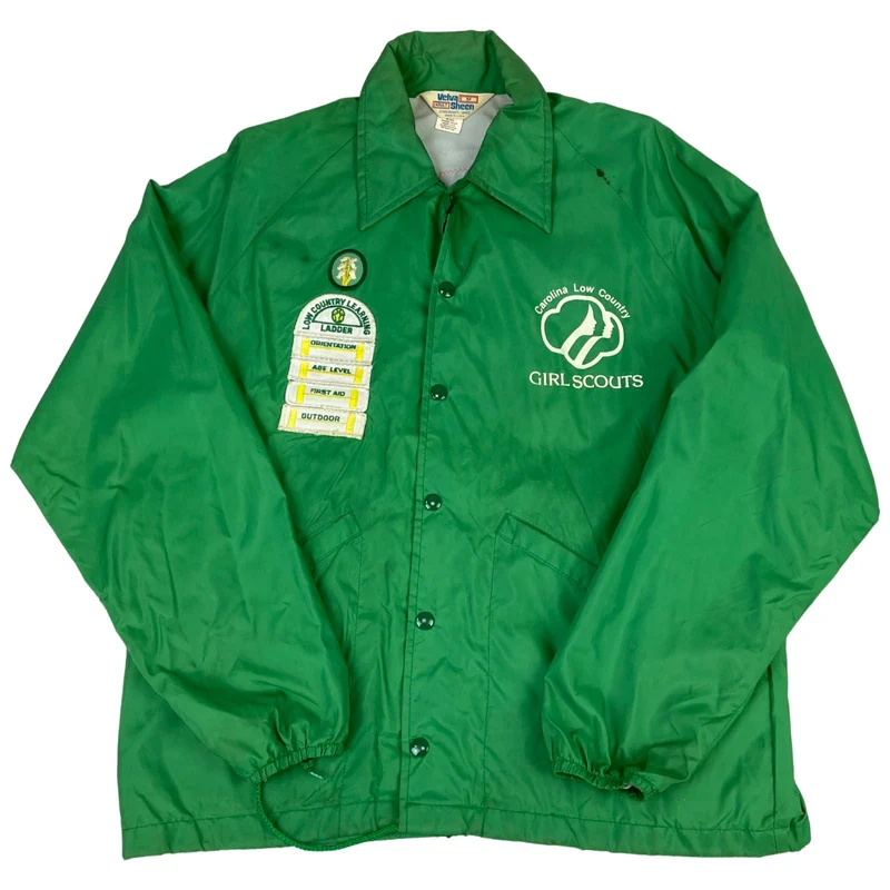 VTG 80s USA CAROLINA GIRL SCOUTS PATCHES LINED NYLON WINDBREAKER JACKET 42” L