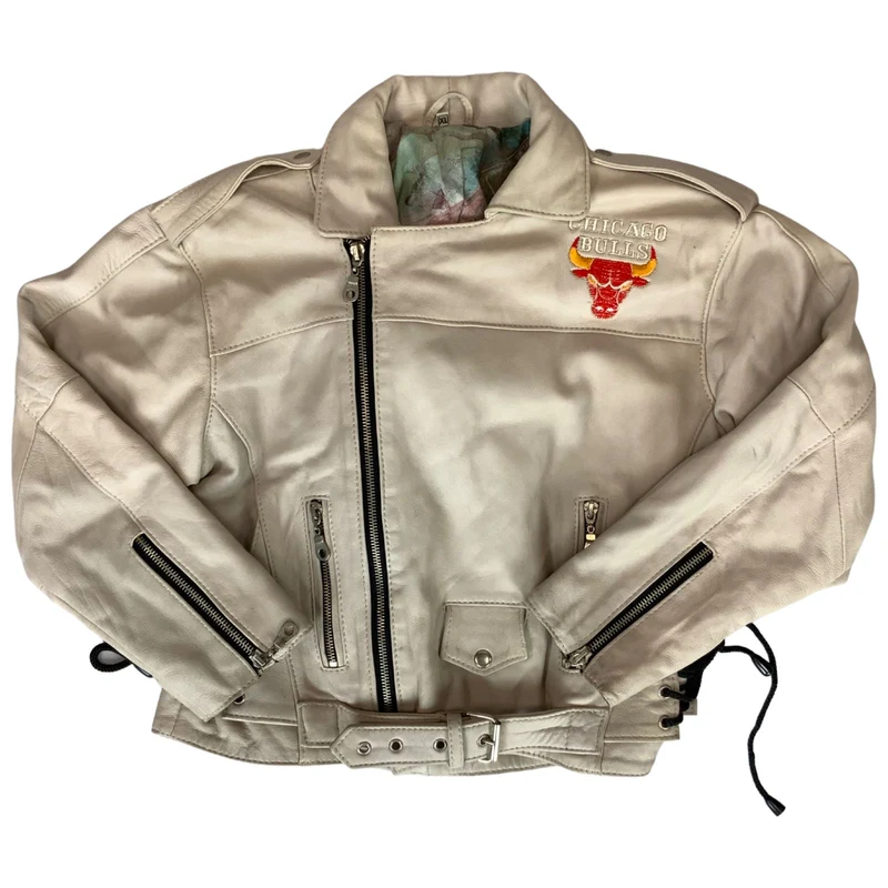 Vintage 90s 00 Cream Chicago Bulls Embroidered Letaher Biker Jacket S M