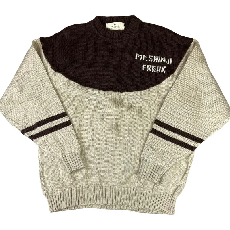 VTG 90s BROWN & BEIGE MR SHINJI FREAK CREW NECK KNIT JUMPER SWEATER JAPAN 42” L
